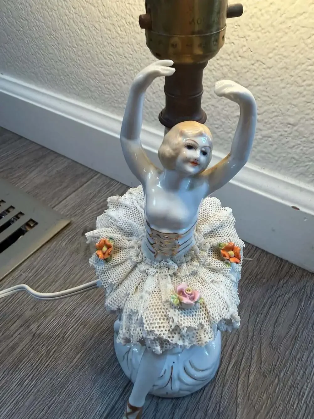 Vintage Dresden Style Porcelain Ballerina Figurine Table Lamp with Lace Tutu